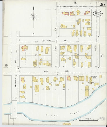 Sanborn Fire Insurance Map from Lansing, Ingham County, Michigan (1906), Sheet #0029 - Historic Sanborn Fire Insurance Map Print, vintage old map wall art, antique decor, genealogy gift, Michigan Michigan map