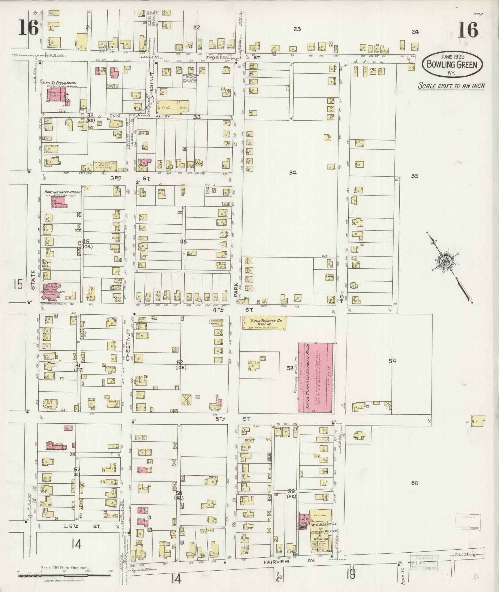Sanborn Fire Insurance Map from Bowling Green, Warren County, Kentucky (1925), Sheet #0016 - Historic Sanborn Fire Insurance Map Print, vintage old map wall art, antique decor, genealogy gift, Kentucky Kentucky map