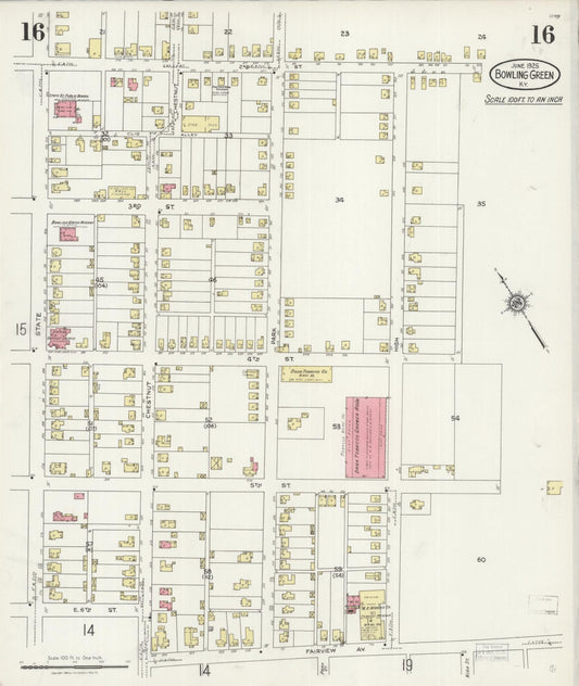 Sanborn Fire Insurance Map from Bowling Green, Warren County, Kentucky (1925), Sheet #0016 - Historic Sanborn Fire Insurance Map Print, vintage old map wall art, antique decor, genealogy gift, Kentucky Kentucky map