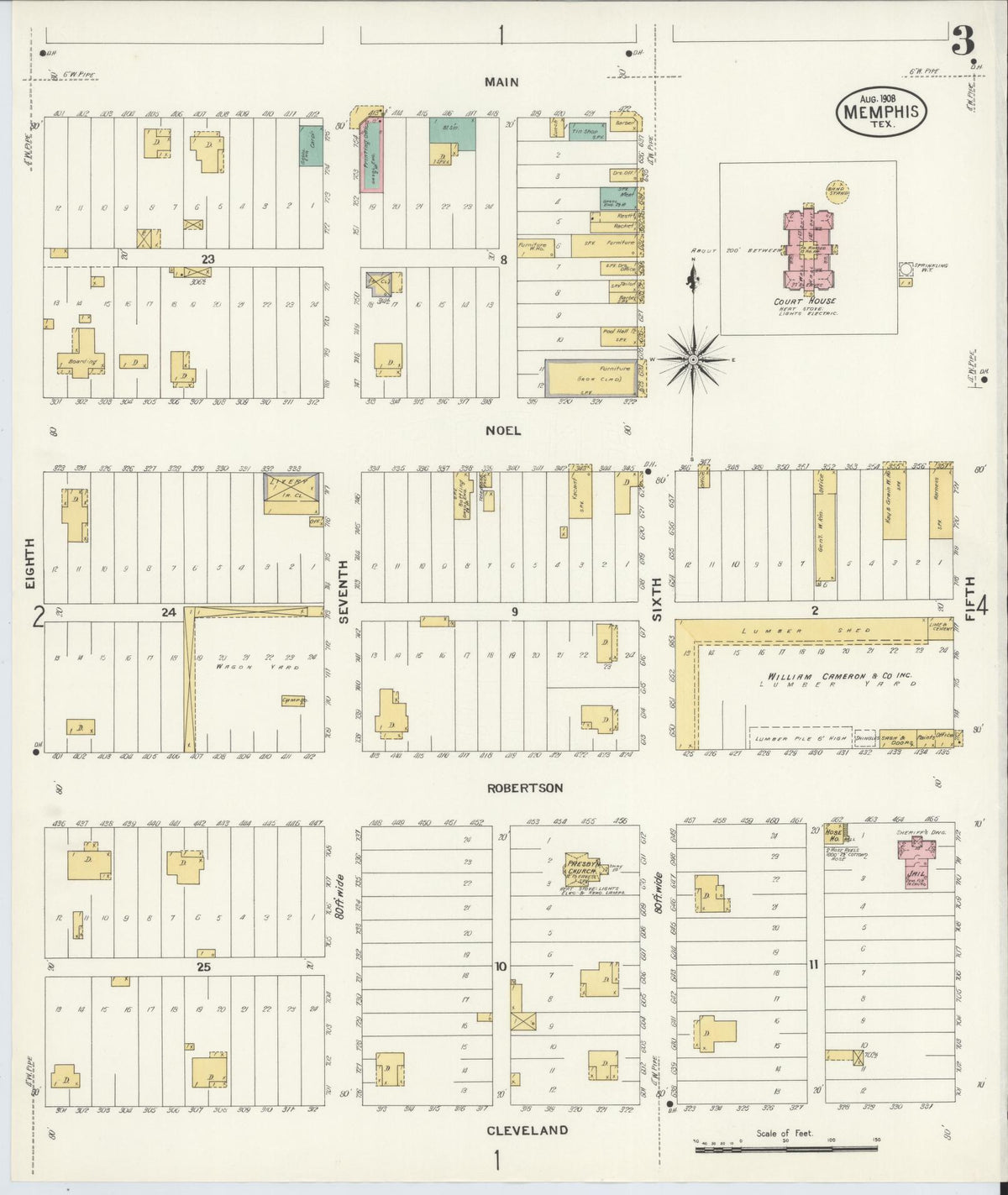 Sanborn Fire Insurance Map from Memphis, Hall County, Texas (1908), Sheet #0003 - Complete Map Set gallery image, historic Sanborn map, vintage wall art, Texas Texas