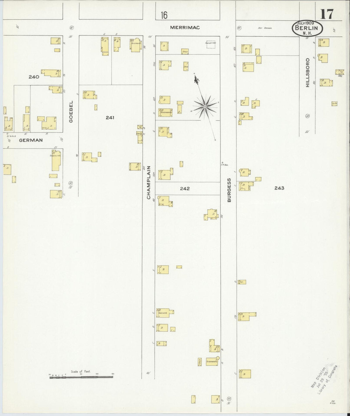 Sanborn Fire Insurance Map from Berlin, Coos County, New Hampshire (1909), Sheet #0017 - Historic Sanborn Fire Insurance Map Print, vintage old map wall art, antique decor, genealogy gift, New Hampshire New Hampshire map