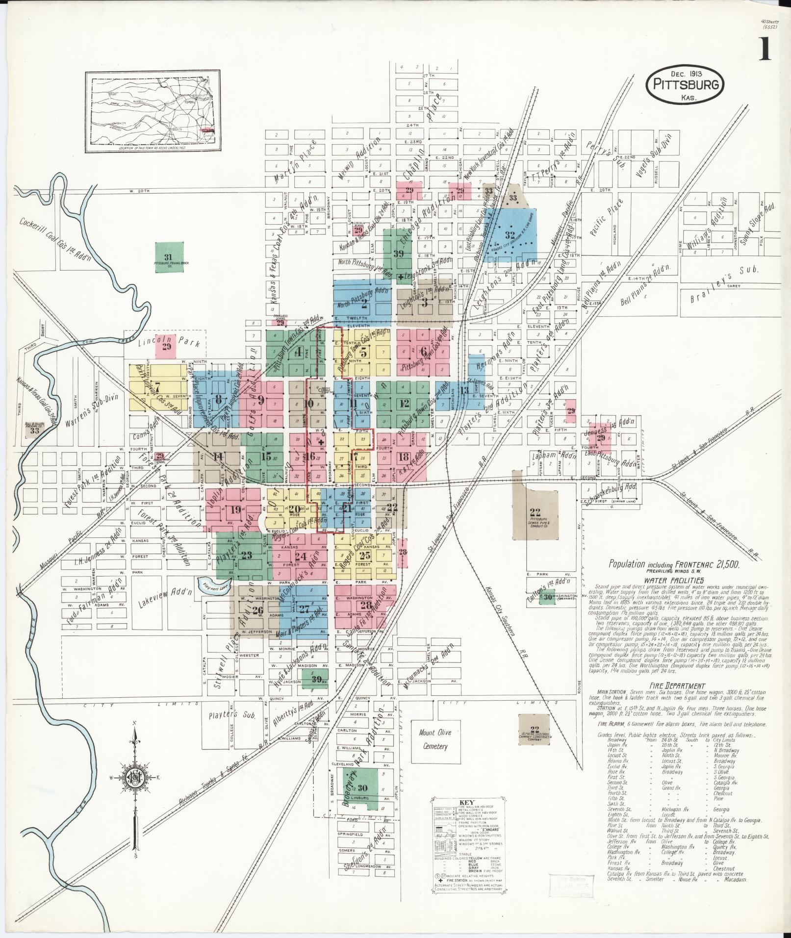 Sanborn Fire Insurance Map from Pittsburg, Crawford County, Kansas (1913), Sheet #0001 - Historic Sanborn Fire Insurance Map Print, vintage old map wall art, antique decor, genealogy gift, Kansas Kansas map