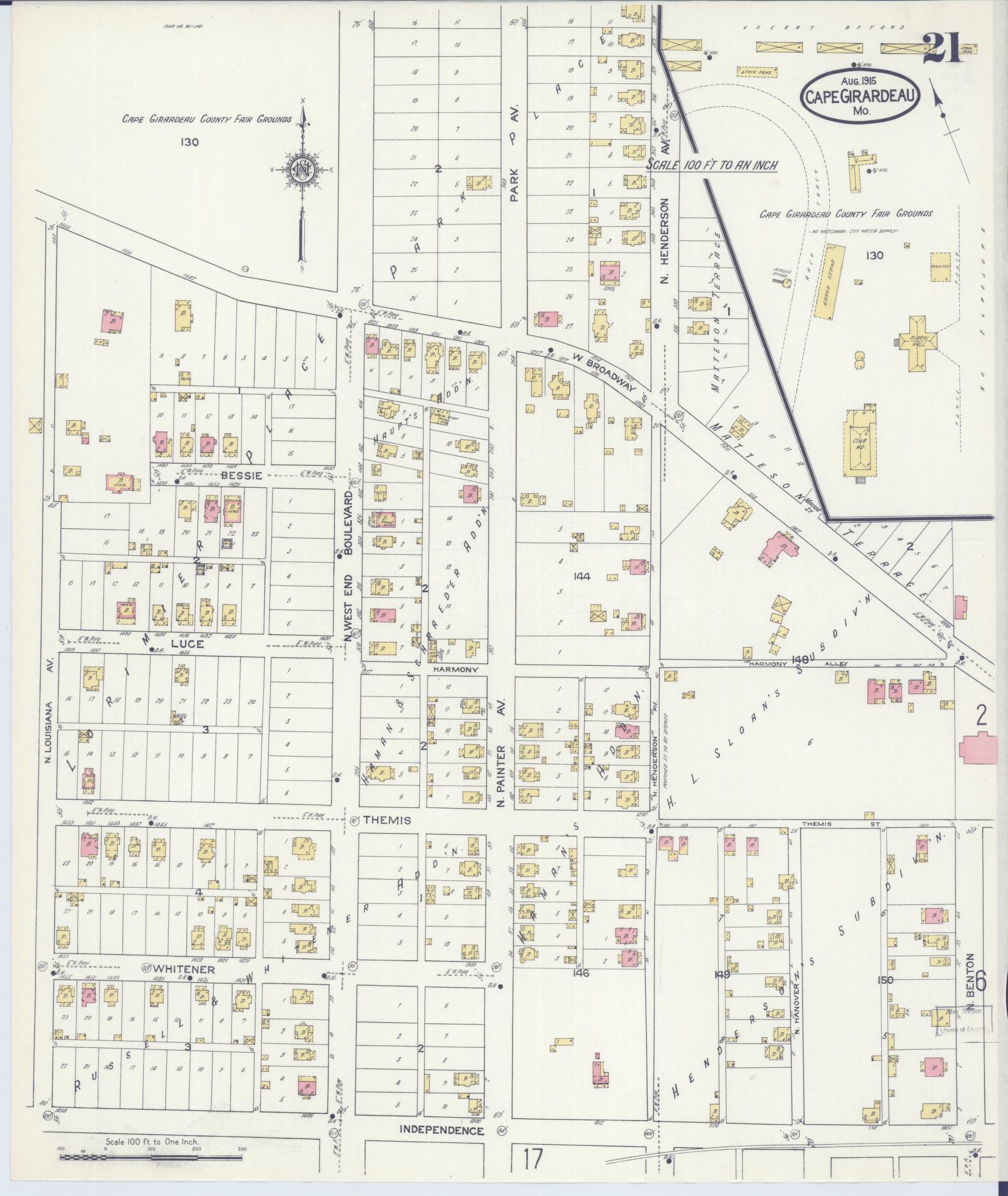 Sanborn Fire Insurance Map from Cape Girardeau, Cape Girardeau County, Missouri (1915), Sheet #0021 - Complete Map Set gallery image, historic Sanborn map, vintage wall art, Missouri Missouri