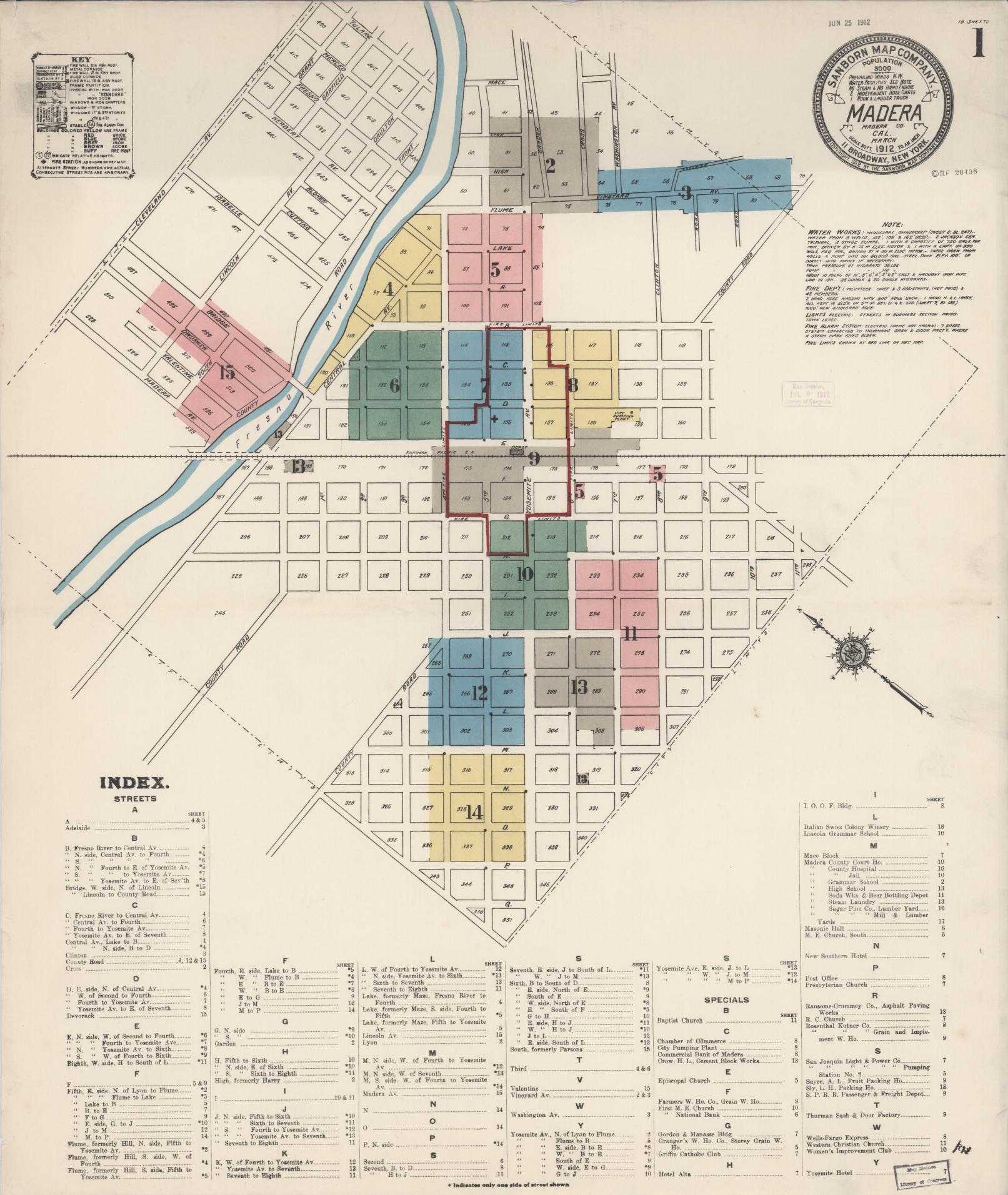 Sanborn Fire Insurance Map from Madera, Madera County, California (1912), Sheet #0001 - Historic Sanborn Fire Insurance Map Print, vintage old map wall art, antique decor, genealogy gift, California California map