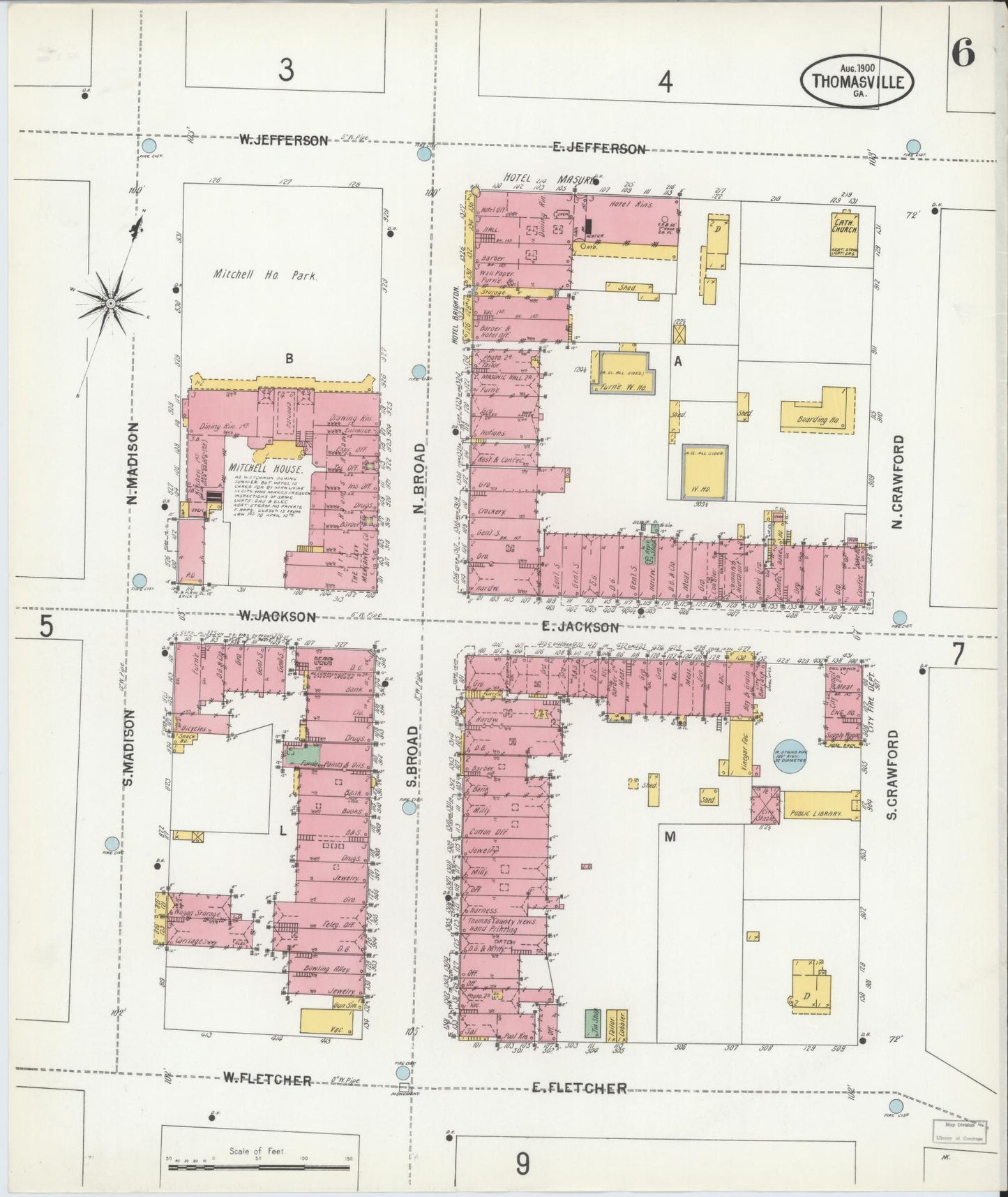 Sanborn Fire Insurance Map from Thomasville, Thomas County, Georgia (1900), Sheet #0006 - Historic Sanborn Fire Insurance Map Print, vintage old map wall art, antique decor, genealogy gift, Georgia Georgia map