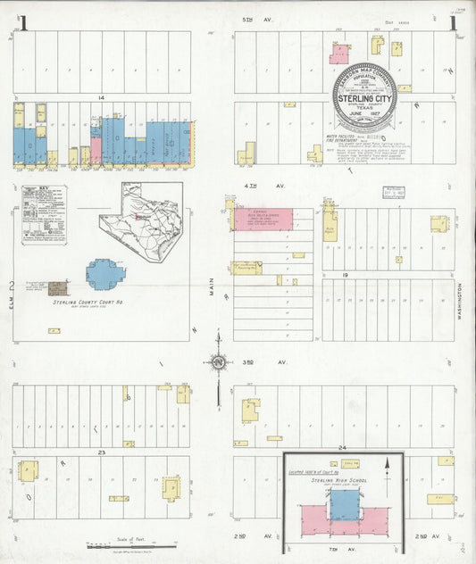 Sanborn Fire Insurance Map from Sterling City, Sterling County, Texas (1927), Sheet #0001 - Complete Map Set gallery image, historic Sanborn map, vintage wall art, Texas Texas