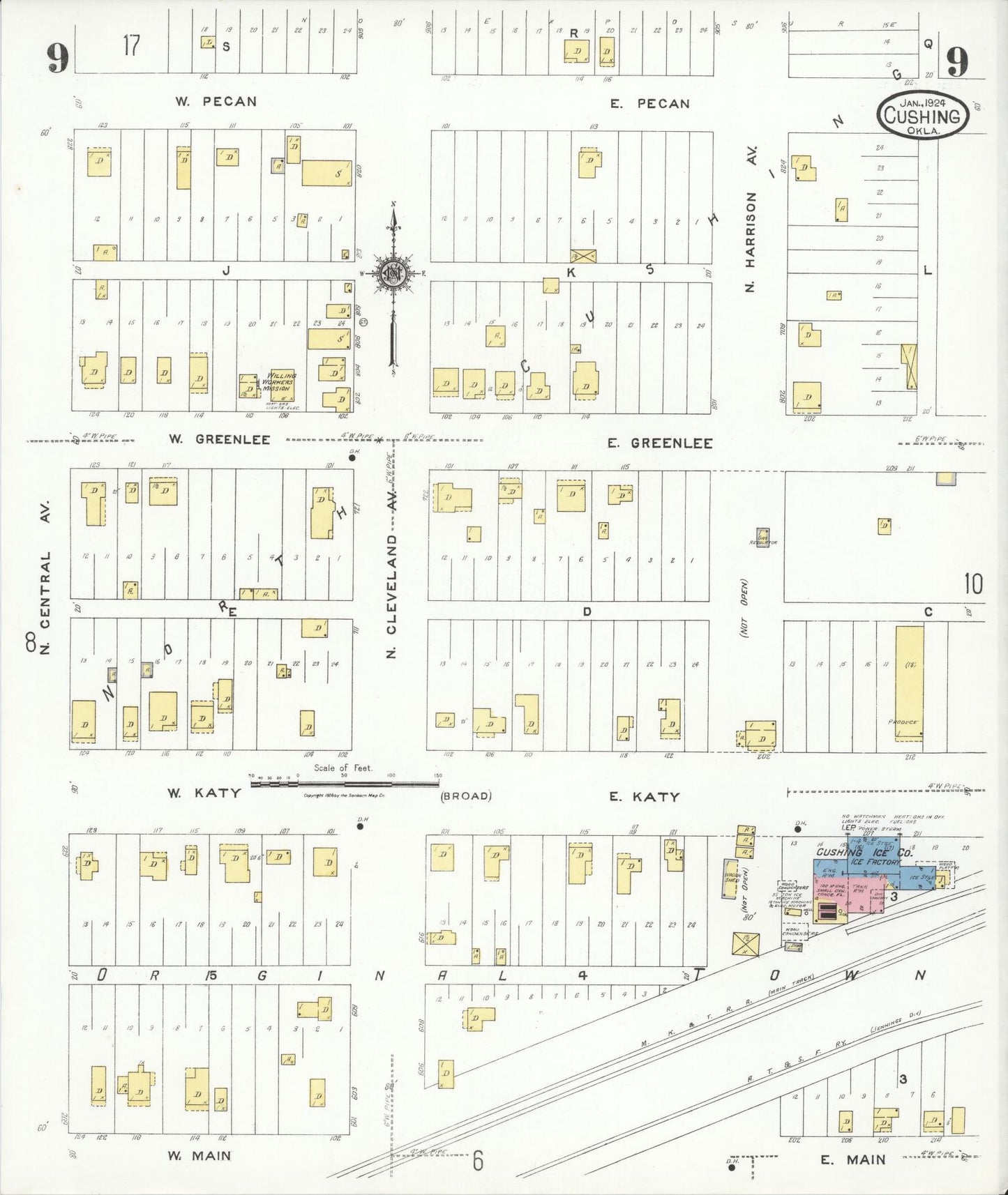 Sanborn Fire Insurance Map from Cushing, Payne County, Oklahoma (1924), Sheet #0009 - Historic Sanborn Fire Insurance Map Print, vintage old map wall art, antique decor, genealogy gift, Oklahoma Oklahoma map