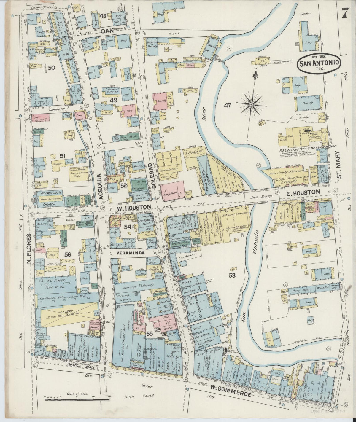 Sanborn Fire Insurance Map from San Antonio, Bexar County, Texas (1888), Sheet #0007 - Complete Map Set gallery image, historic Sanborn map, vintage wall art, Texas Texas