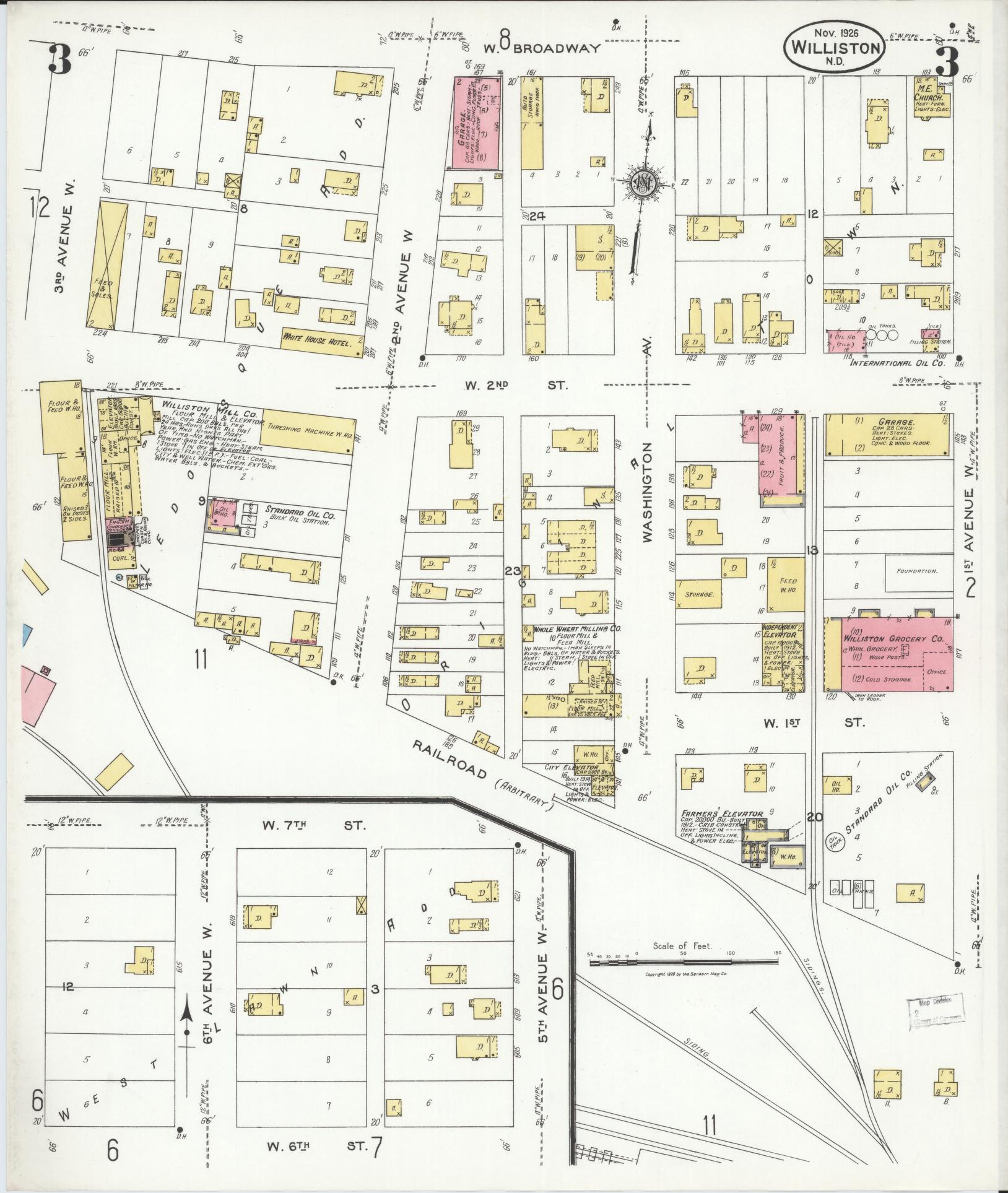 Sanborn Fire Insurance Map from Williston, Williams County, North Dakota (1926), Sheet #0003 - Complete Map Set gallery image, historic Sanborn map, vintage wall art, North Dakota North Dakota