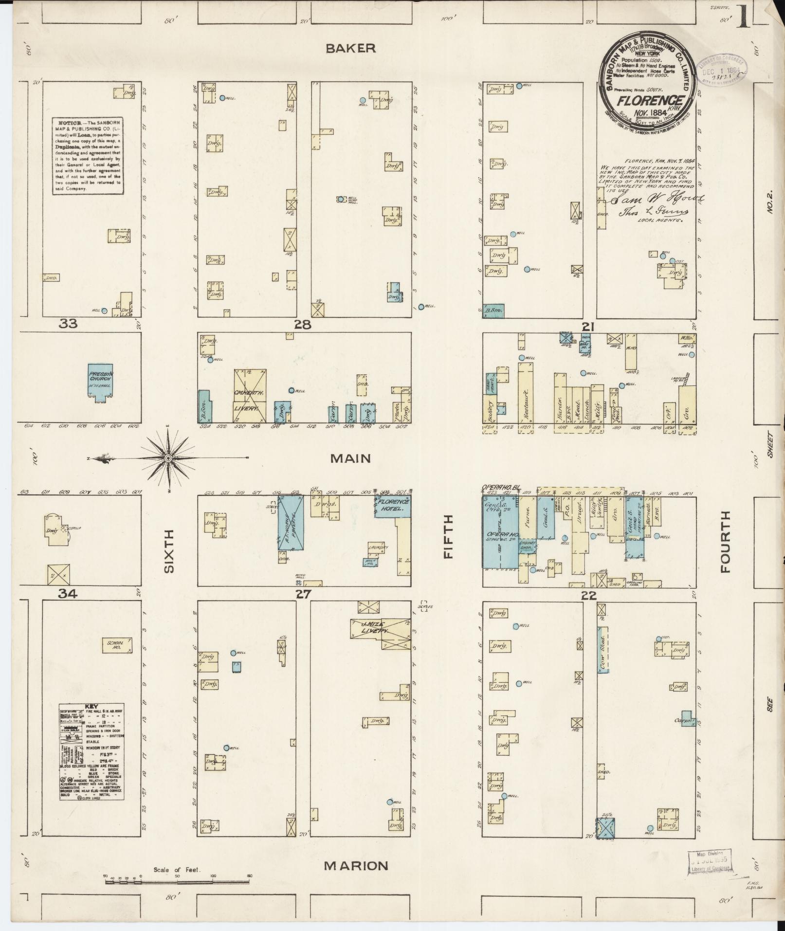 Sanborn Fire Insurance Map from Florence, Marion County, Kansas (1884), Sheet #0001 - Complete Map Set gallery image, historic Sanborn map, vintage wall art, Kansas Kansas