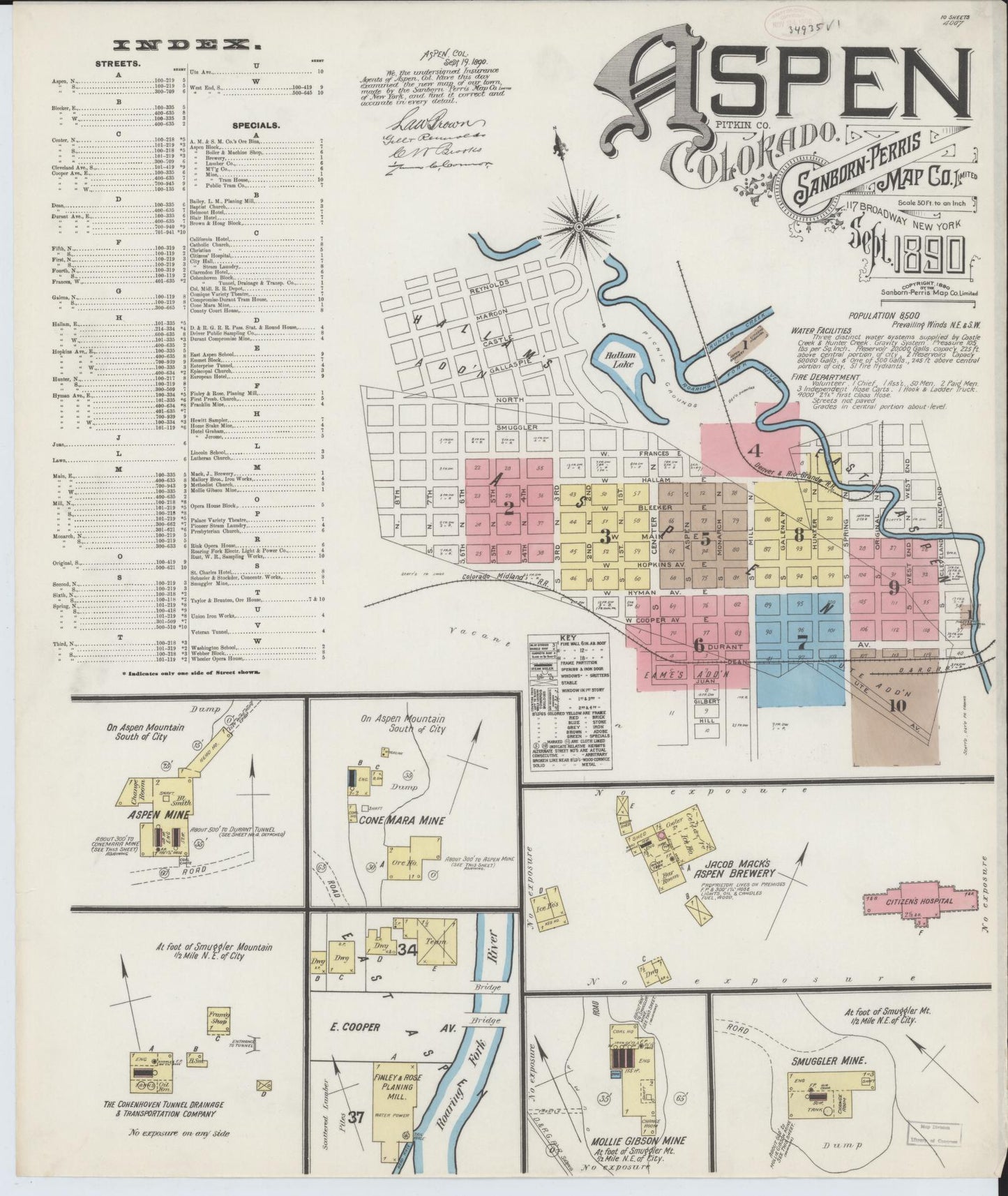 Sanborn Fire Insurance Map from Aspen, Pitkin County, Colorado (1890), Sheet #0001 - Historic Sanborn Fire Insurance Map Print, vintage old map wall art, antique decor, genealogy gift, Colorado Colorado map