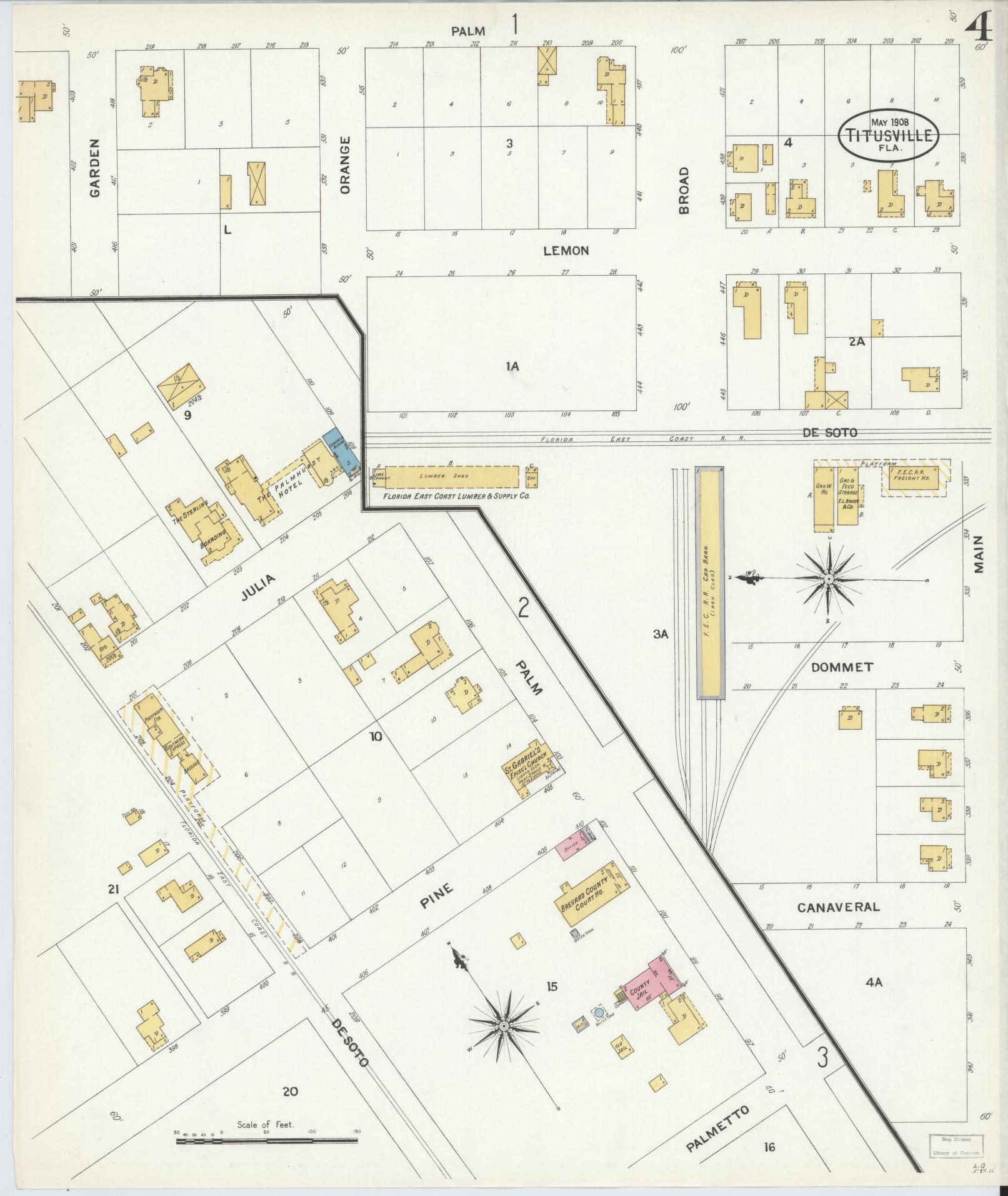 Sanborn Fire Insurance Map from Titusville, Brevard County, Florida (1908), Sheet #0004 - Complete Map Set gallery image, historic Sanborn map, vintage wall art, Florida Florida