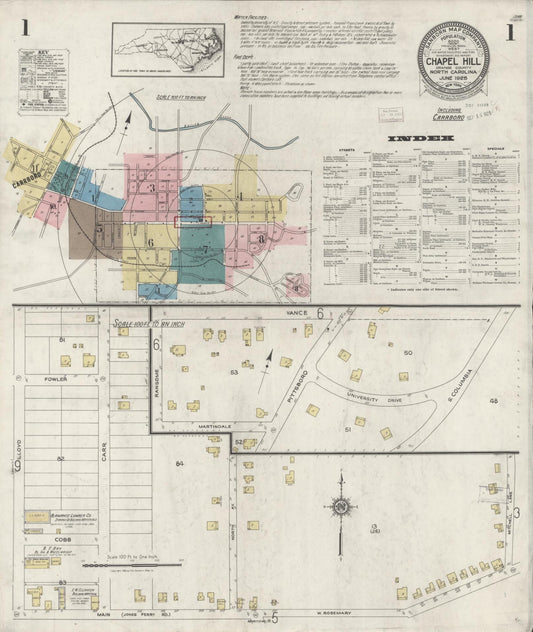 Sanborn Fire Insurance Map from Chapel Hill, Orange County, North Carolina (1925), Sheet #0001 - Complete Map Set gallery image, historic Sanborn map, vintage wall art, North Carolina North Carolina