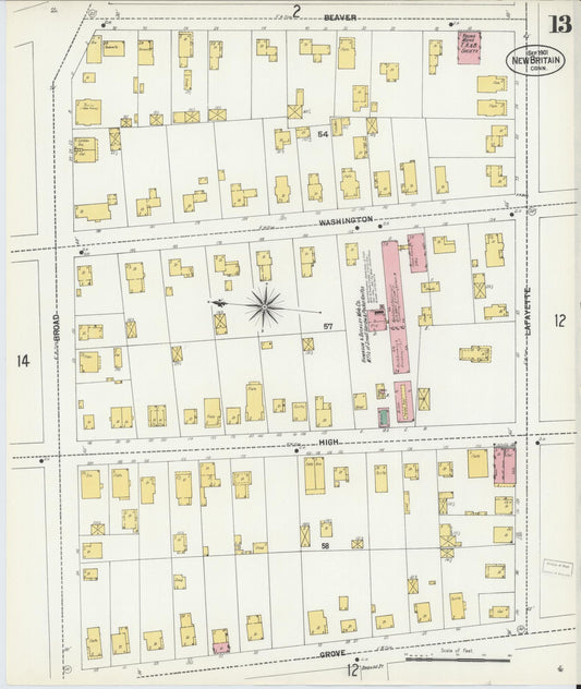 Sanborn Fire Insurance Map from New Britain, Hartford County, Connecticut (1901), Sheet #0013 - Historic Sanborn Fire Insurance Map Print, vintage old map wall art, antique decor, genealogy gift, Connecticut Connecticut map
