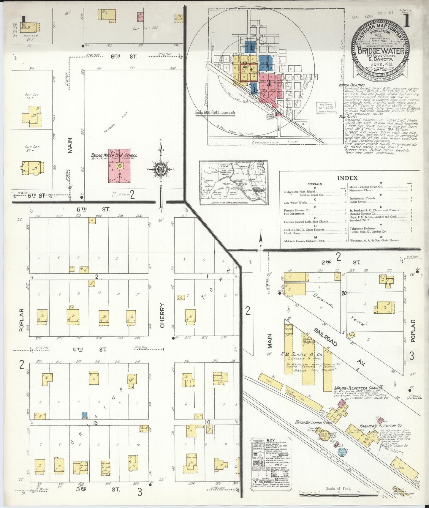 Sanborn Fire Insurance Map from Bridgewater, McCook County, South Dakota (1923), Sheet #0001 - Complete Map Set gallery image, historic Sanborn map, vintage wall art, South Dakota South Dakota