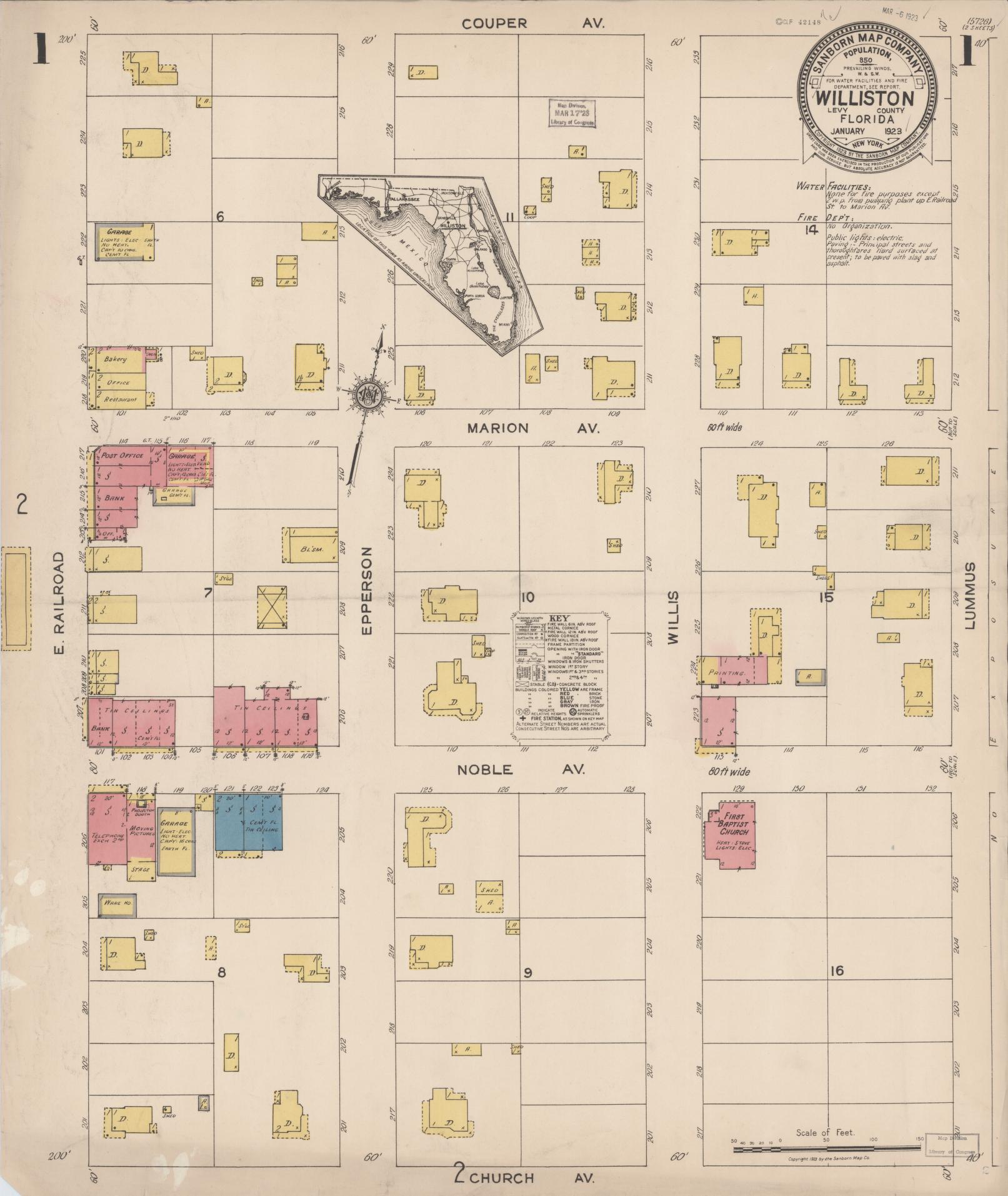 Sanborn Fire Insurance Map from Williston, Levy County, Florida (1923), Sheet #0001 - Historic Sanborn Fire Insurance Map Print, vintage old map wall art, antique decor, genealogy gift, Florida Florida map