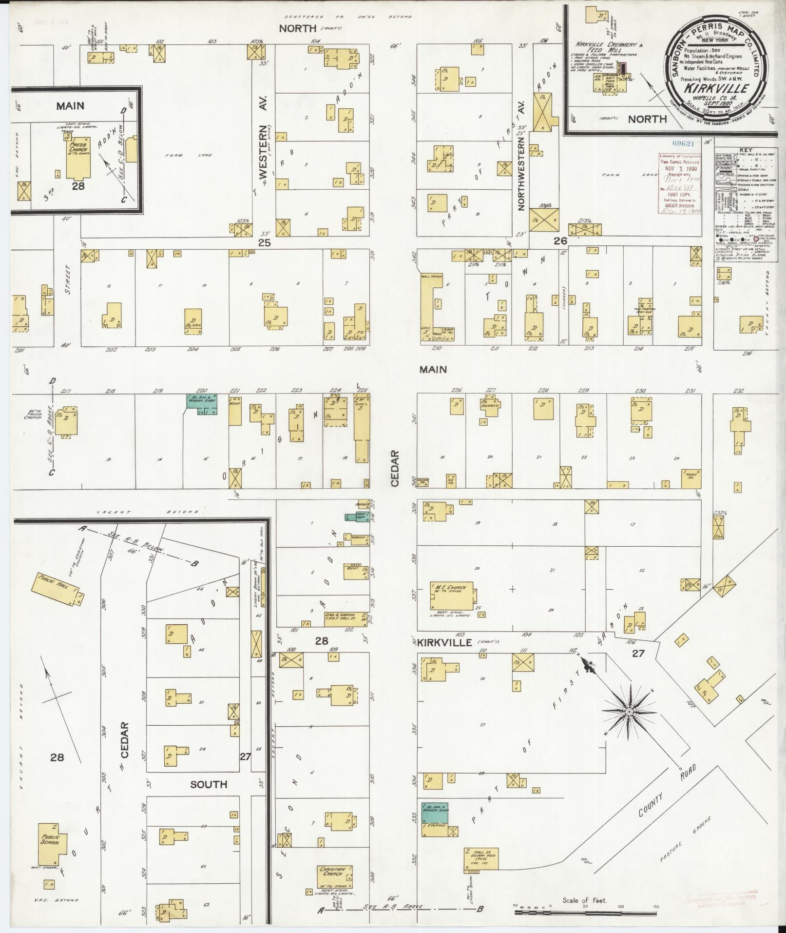 Sanborn Fire Insurance Map from Kirkville, Wapello County, Iowa (1900), Sheet #0001 - Historic Sanborn Fire Insurance Map Print, vintage old map wall art