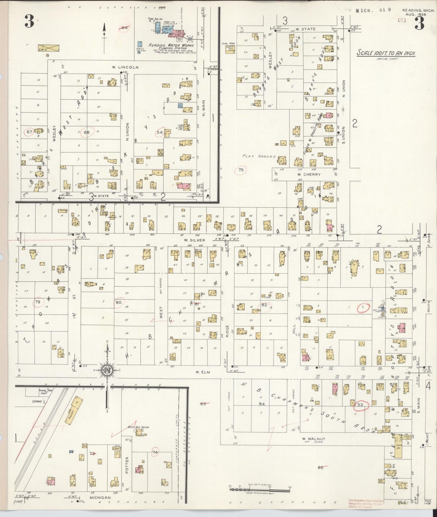 Sanborn Fire Insurance Map from Reading, Hillsdale County, Michigan (1938), Sheet #0003 - Complete Map Set gallery image, historic Sanborn map, vintage wall art, Michigan Michigan