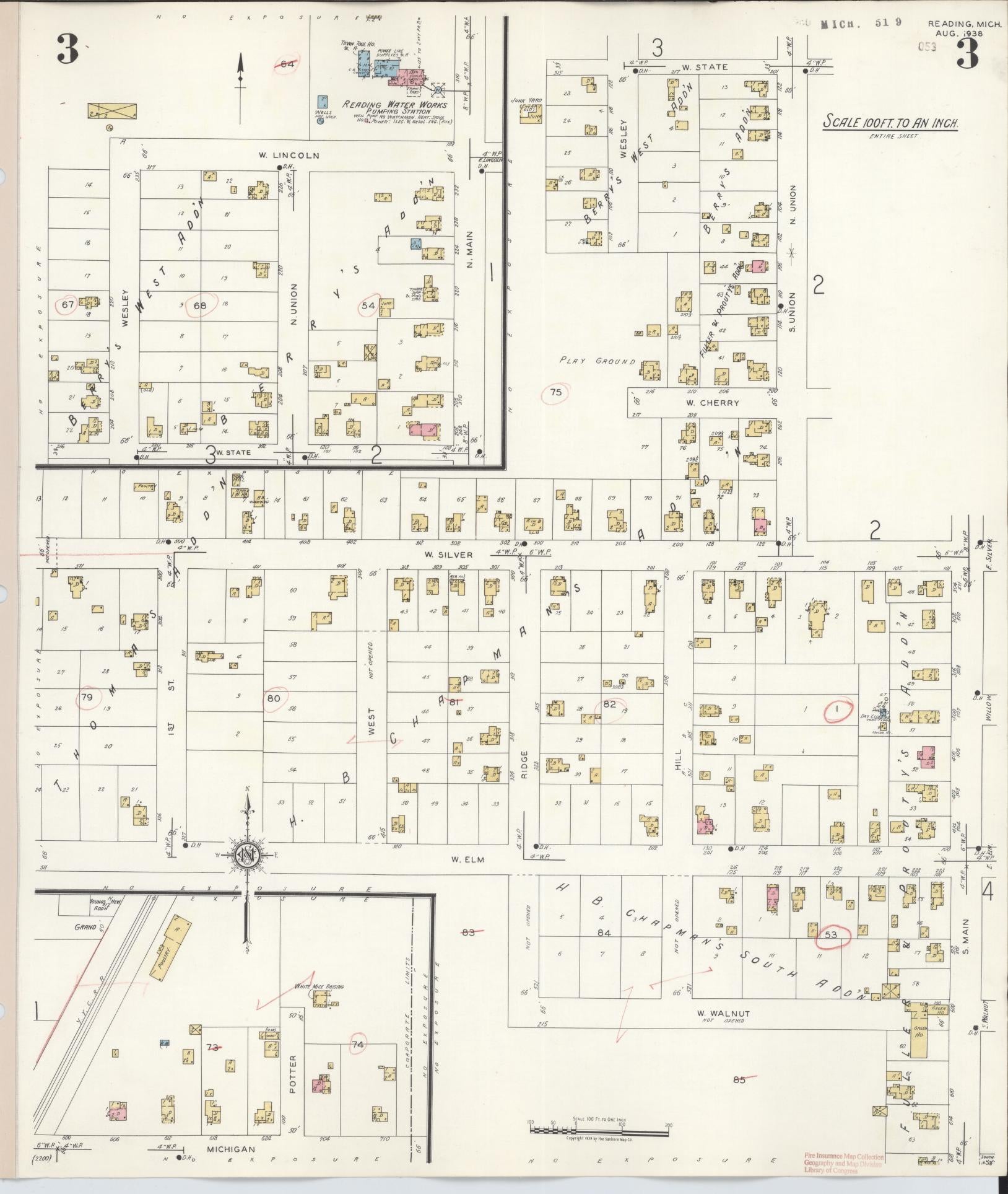Sanborn Fire Insurance Map from Reading, Hillsdale County, Michigan (1938), Sheet #0003 - Complete Map Set gallery image, historic Sanborn map, vintage wall art, Michigan Michigan