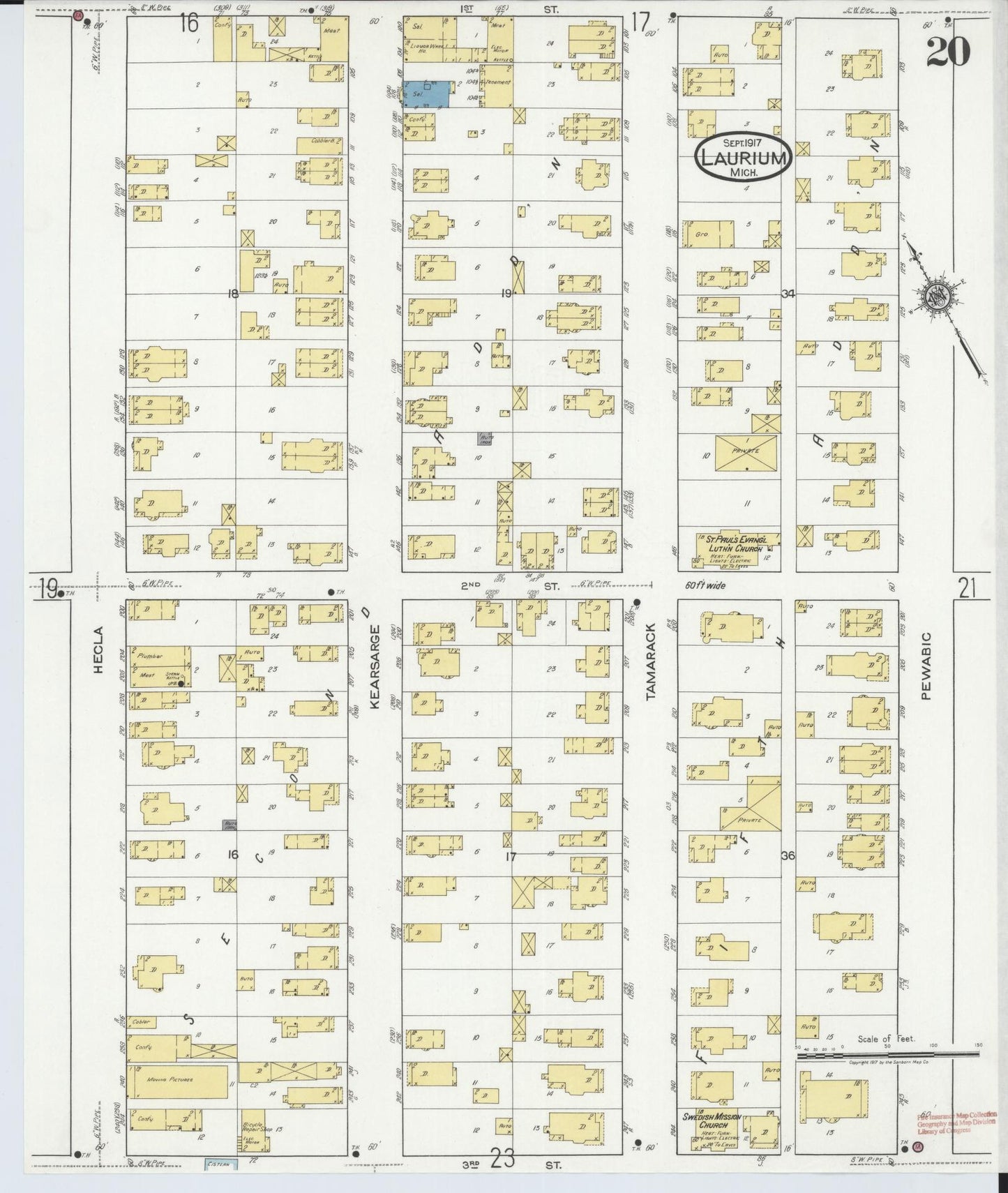 Sanborn Fire Insurance Map from Laurium, Houghton County, Michigan (1917), Sheet #0020 - Complete Map Set gallery image, historic Sanborn map, vintage wall art, Michigan Michigan