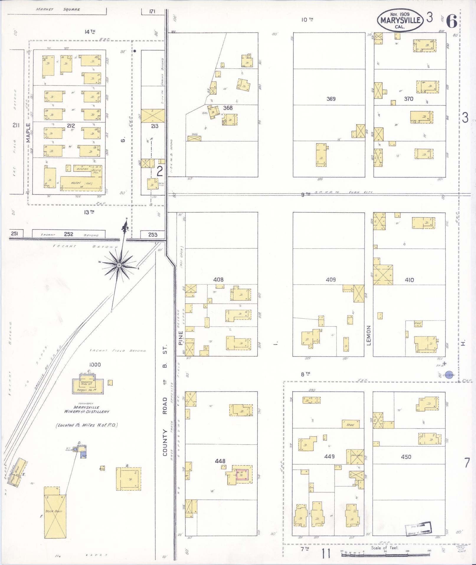 Sanborn Fire Insurance Map from Marysville, Yuba County, California (1909), Sheet #0006 - Historic Sanborn Fire Insurance Map Print, vintage old map wall art, antique decor, genealogy gift, California California map