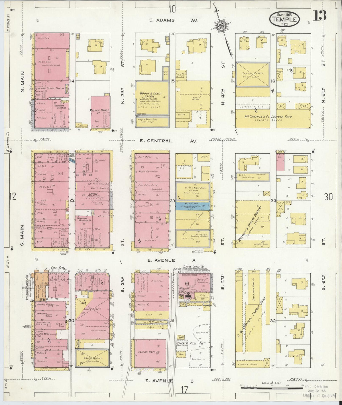 Sanborn Fire Insurance Map from Temple, Bell County, Texas (1915), Sheet #0013 - Historic Sanborn Fire Insurance Map Print, vintage old map wall art, antique decor, genealogy gift, Texas Texas map