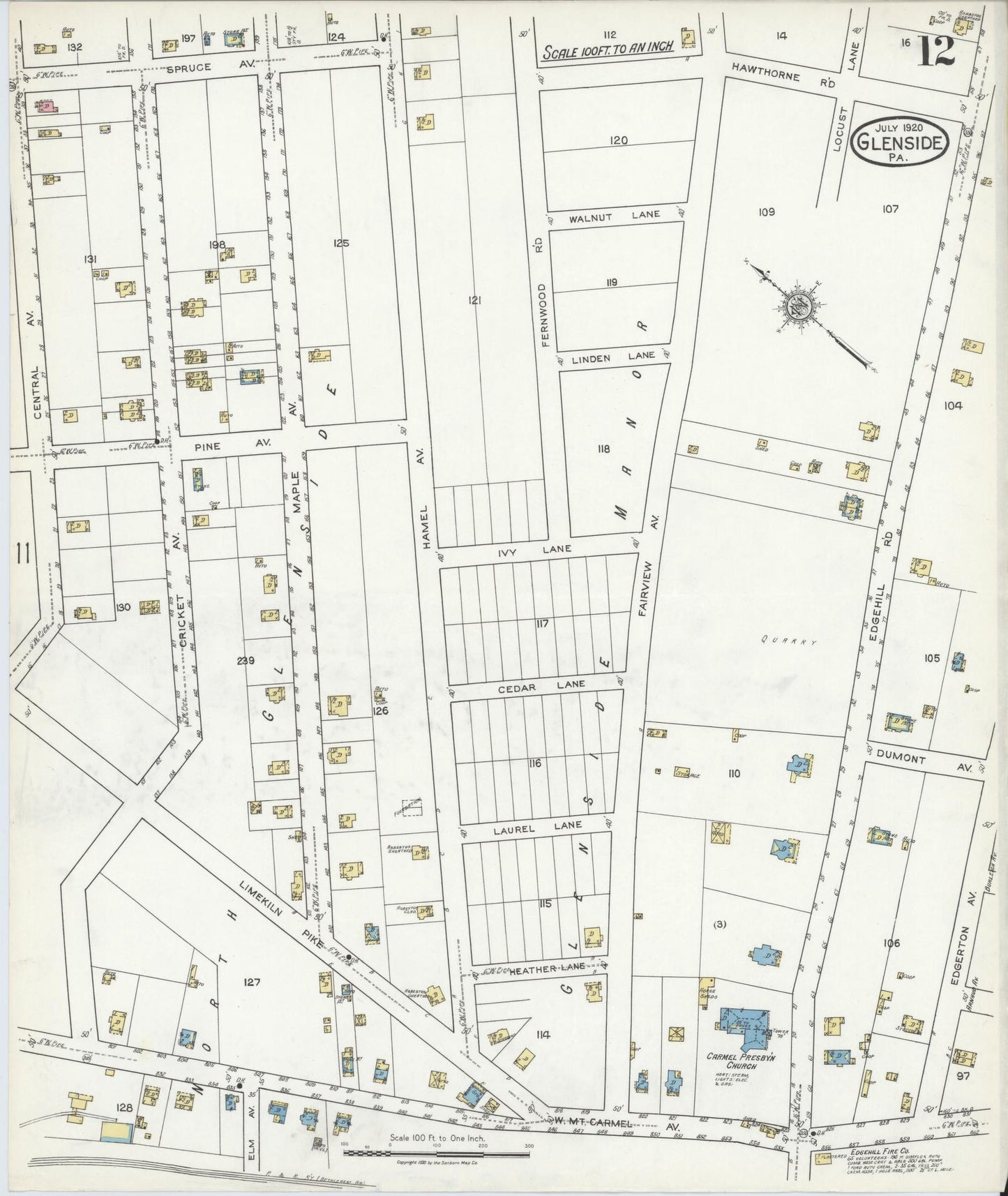 Sanborn Fire Insurance Map from Glenside, Montgomery County, Pennsylvania (1920), Sheet #0012 - Historic Sanborn Fire Insurance Map Print, vintage old map wall art, antique decor, genealogy gift, Pennsylvania Pennsylvania map