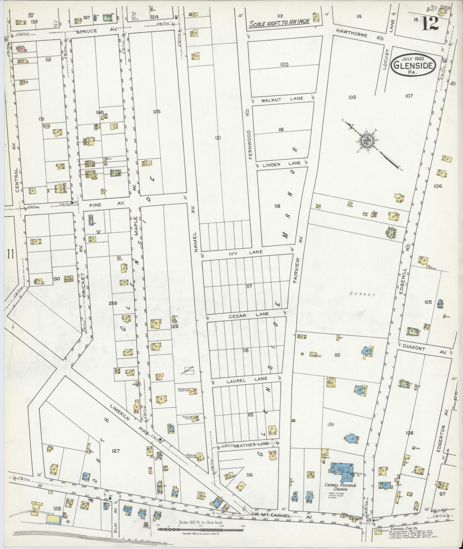 Sanborn Fire Insurance Map from Glenside, Montgomery County, Pennsylvania (1920), Sheet #0012 - Historic Sanborn Fire Insurance Map Print, vintage old map wall art, antique decor, genealogy gift, Pennsylvania Pennsylvania map