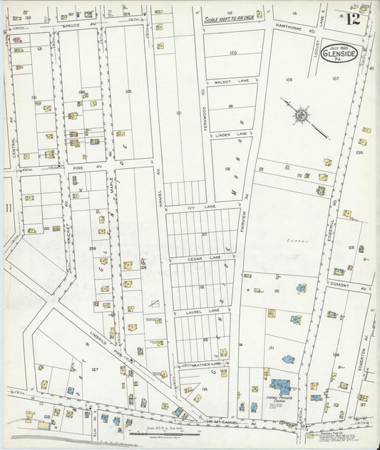 Sanborn Fire Insurance Map from Glenside, Montgomery County, Pennsylvania (1920), Sheet #0012 - Historic Sanborn Fire Insurance Map Print, vintage old map wall art, antique decor, genealogy gift, Pennsylvania Pennsylvania map