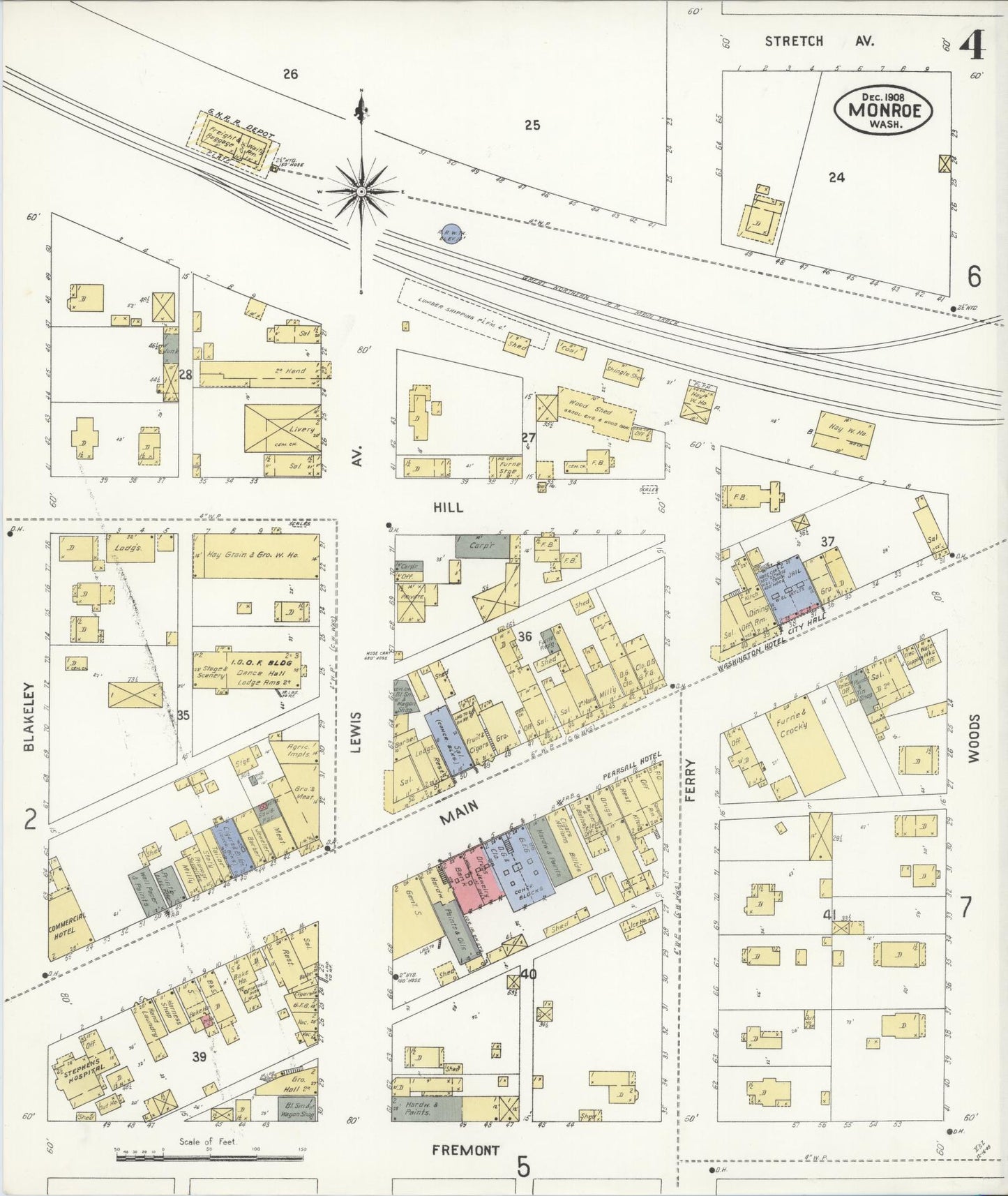 Sanborn Fire Insurance Map from Monroe, Snohomish County, Washington (1908), Sheet #0004 - Complete Map Set gallery image, historic Sanborn map, vintage wall art, Washington Washington