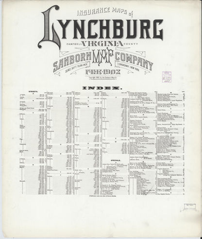 Sanborn Fire Insurance Map from Lynchburg, Independent Cities, Virginia (1902), Sheet #0001 - Historic Sanborn Fire Insurance Map Print, vintage old map wall art, antique decor, genealogy gift, Virginia Virginia map