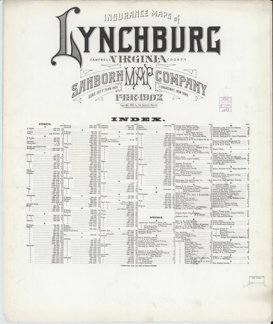 Sanborn Fire Insurance Map from Lynchburg, Independent Cities, Virginia (1902), Sheet #0001 - Historic Sanborn Fire Insurance Map Print, vintage old map wall art, antique decor, genealogy gift, Virginia Virginia map
