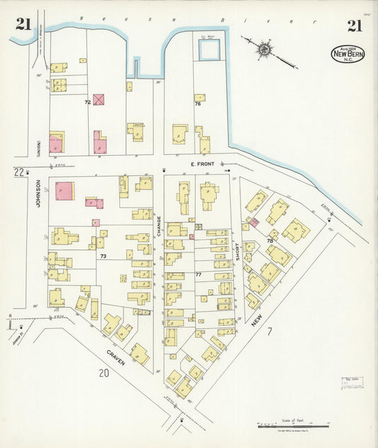 Sanborn Fire Insurance Map from New Bern, Craven County, North Carolina (1924), Sheet #0021 - Historic Sanborn Fire Insurance Map Print, vintage old map wall art, antique decor, genealogy gift, North Carolina North Carolina map