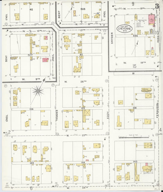 Sanborn Fire Insurance Map from Cheyenne, Laramie County, Wyoming (1907), Sheet #0003 - Historic Sanborn Fire Insurance Map Print, vintage old map wall art, antique decor, genealogy gift, Wyoming Wyoming map