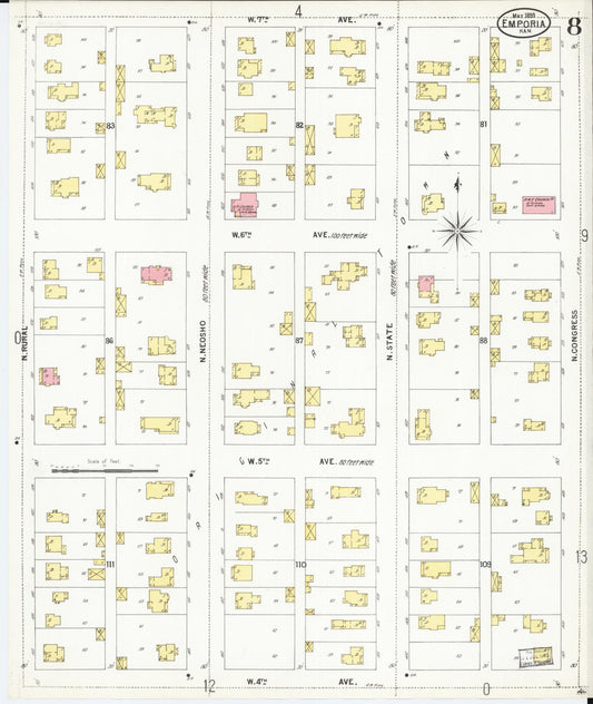 Sanborn Fire Insurance Map from Emporia, Lyon County, Kansas (1899), Sheet #0008 - Historic Sanborn Fire Insurance Map Print, vintage old map wall art, antique decor, genealogy gift, Kansas Kansas map