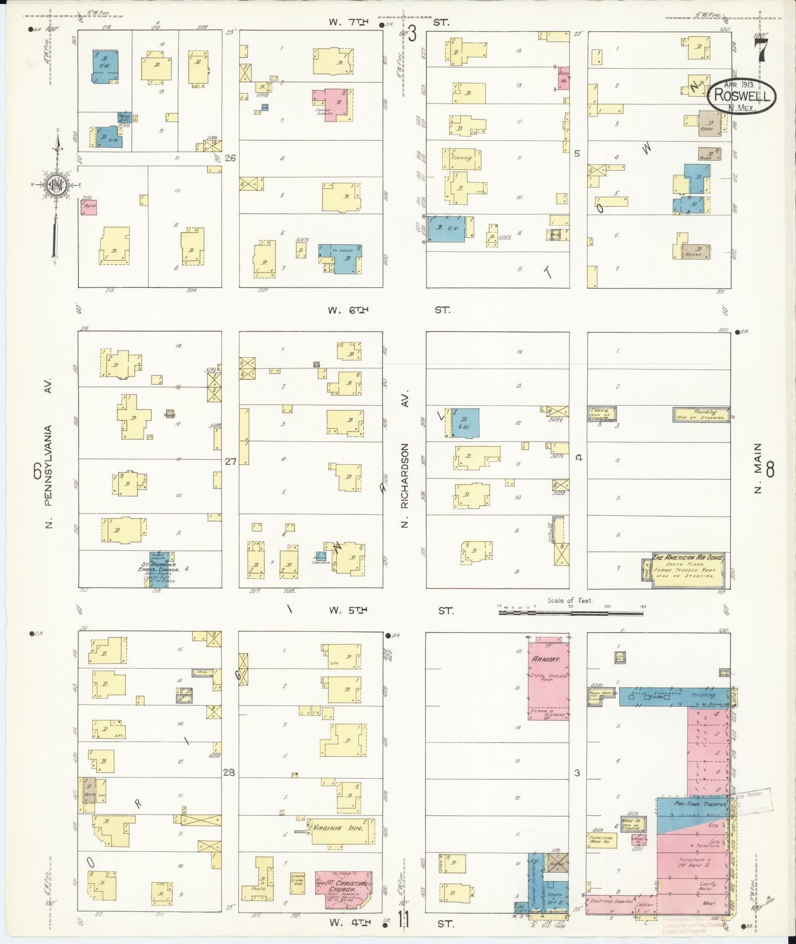 Sanborn Fire Insurance Map from Roswell, Chaves County, New Mexico (1913), Sheet #0007 - Historic Sanborn Fire Insurance Map Print, vintage old map wall art, antique decor, genealogy gift, New Mexico New Mexico map