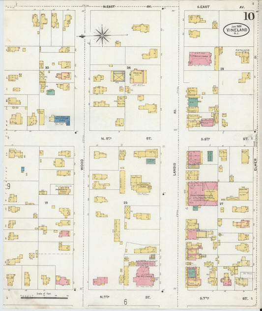 Sanborn Fire Insurance Map from Vineland, Cumberland County, New Jersey (1906), Sheet #0010 - Historic Sanborn Fire Insurance Map Print, vintage old map wall art, antique decor, genealogy gift, New Jersey New Jersey map