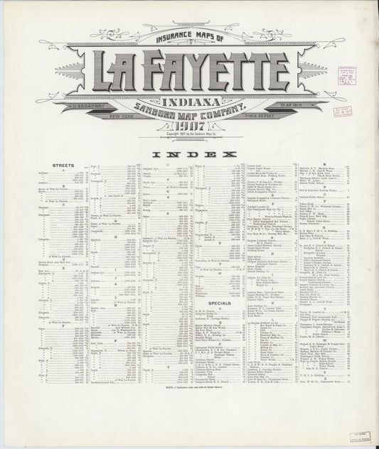 Sanborn Fire Insurance Map from Lafayette, Tippecanoe County, Indiana (1907), Sheet #0001 - Historic Sanborn Fire Insurance Map Print, vintage old map wall art, antique decor, genealogy gift, Indiana Indiana map