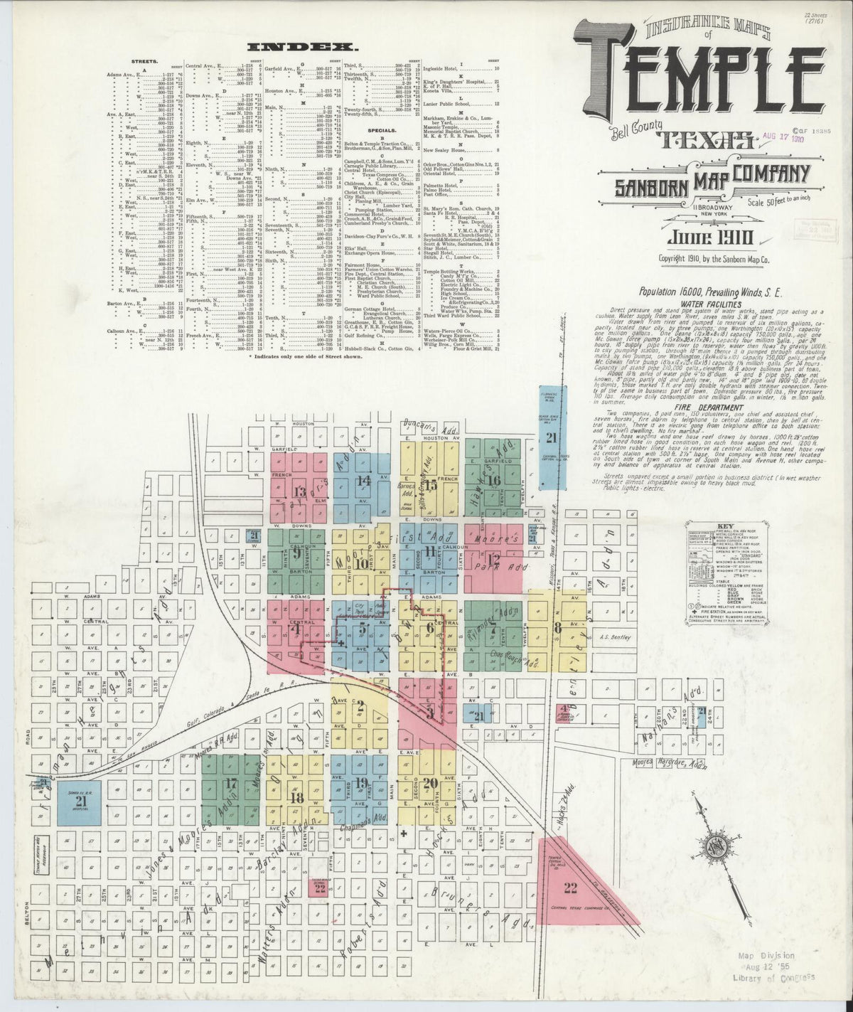 Sanborn Fire Insurance Map from Temple, Bell County, Texas (1910), Sheet #0001 - Historic Sanborn Fire Insurance Map Print, vintage old map wall art, antique decor, genealogy gift, Texas Texas map