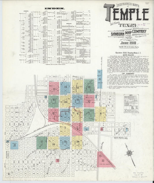 Sanborn Fire Insurance Map from Temple, Bell County, Texas (1910), Sheet #0001 - Historic Sanborn Fire Insurance Map Print, vintage old map wall art, antique decor, genealogy gift, Texas Texas map