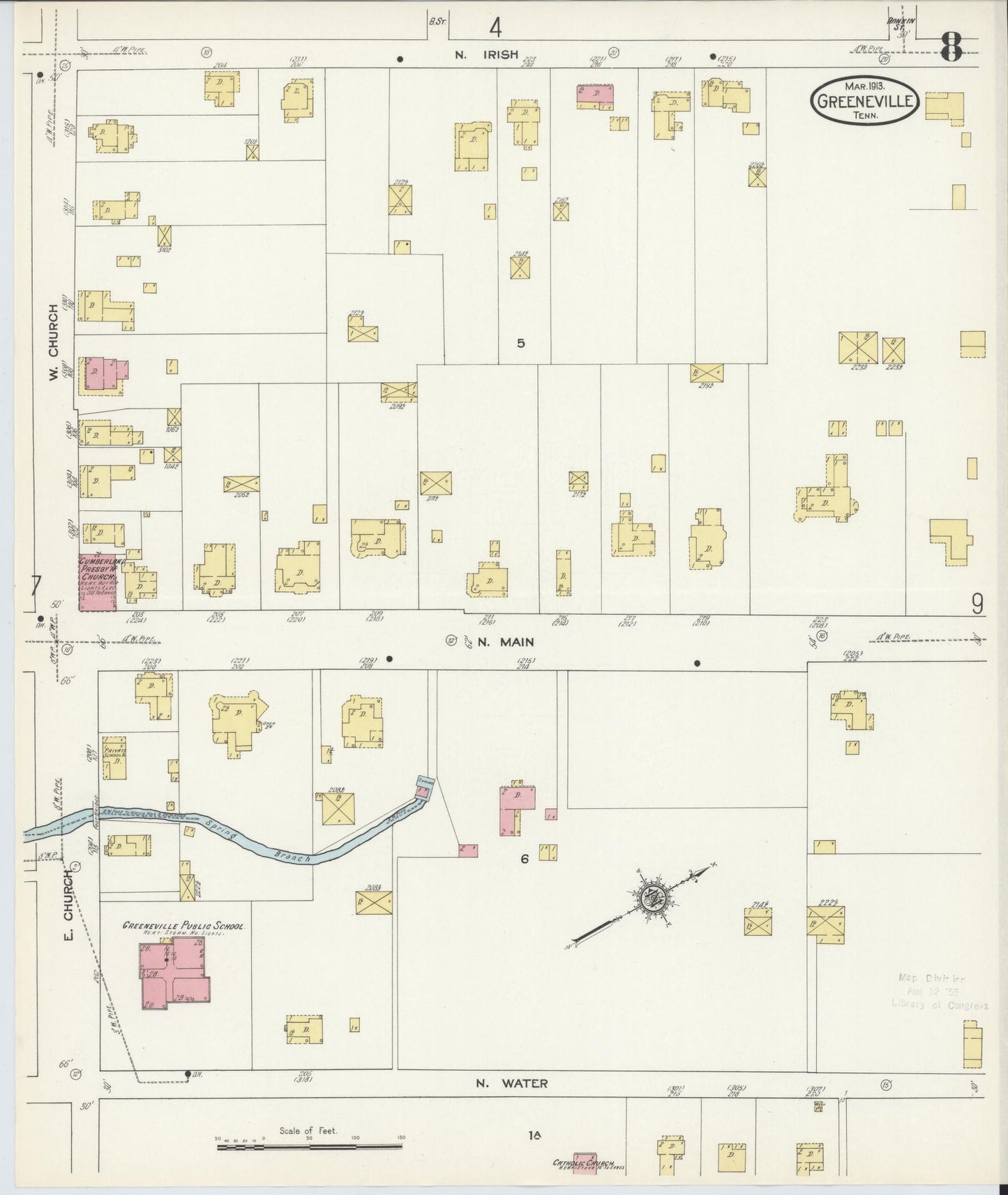 Sanborn Fire Insurance Map from Greeneville, Greene County, Tennessee (1913), Sheet #0008 - Complete Map Set gallery image, historic Sanborn map, vintage wall art, Tennessee Tennessee