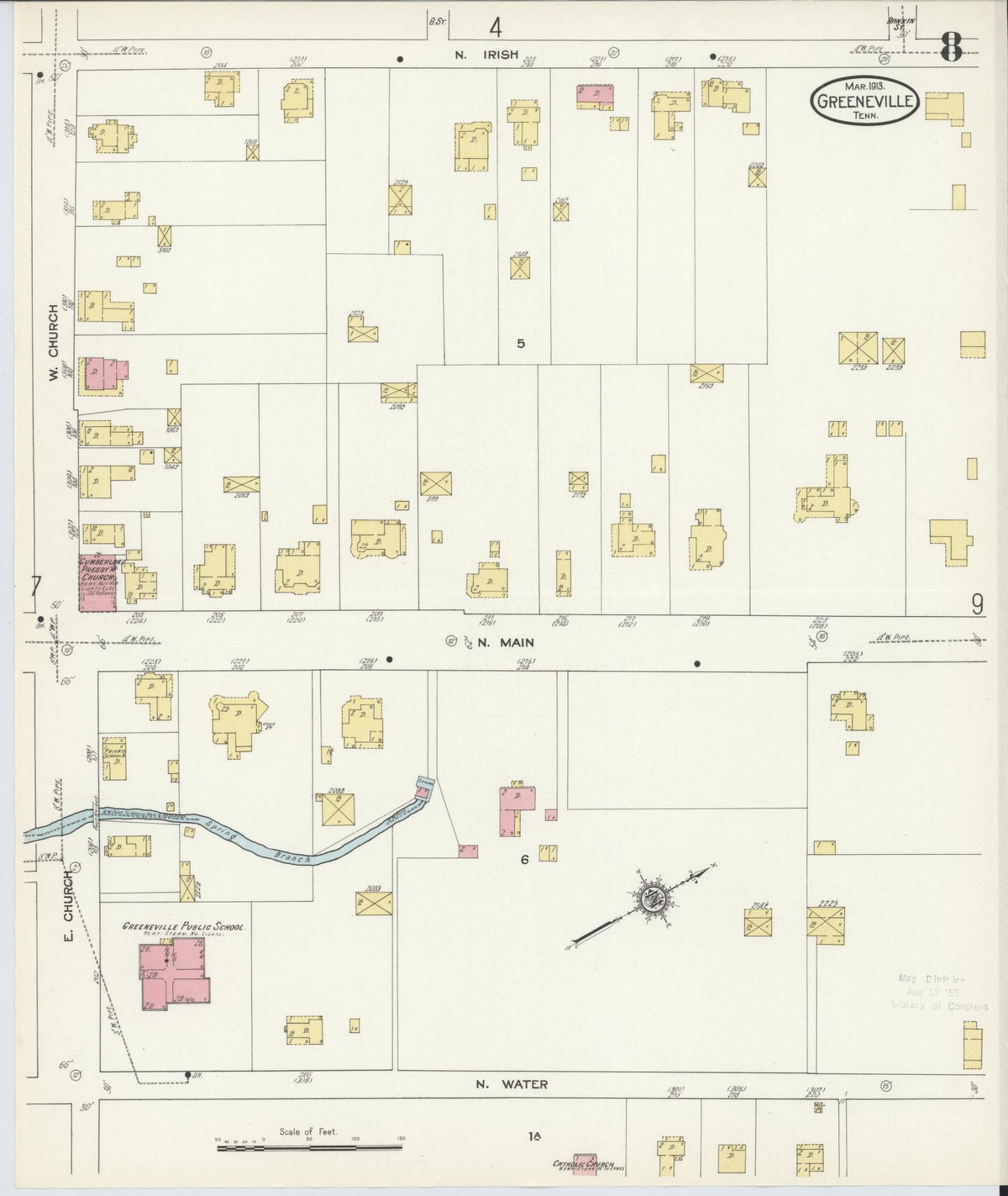 Sanborn Fire Insurance Map from Greeneville, Greene County, Tennessee (1913), Sheet #0008 - Complete Map Set gallery image, historic Sanborn map, vintage wall art, Tennessee Tennessee