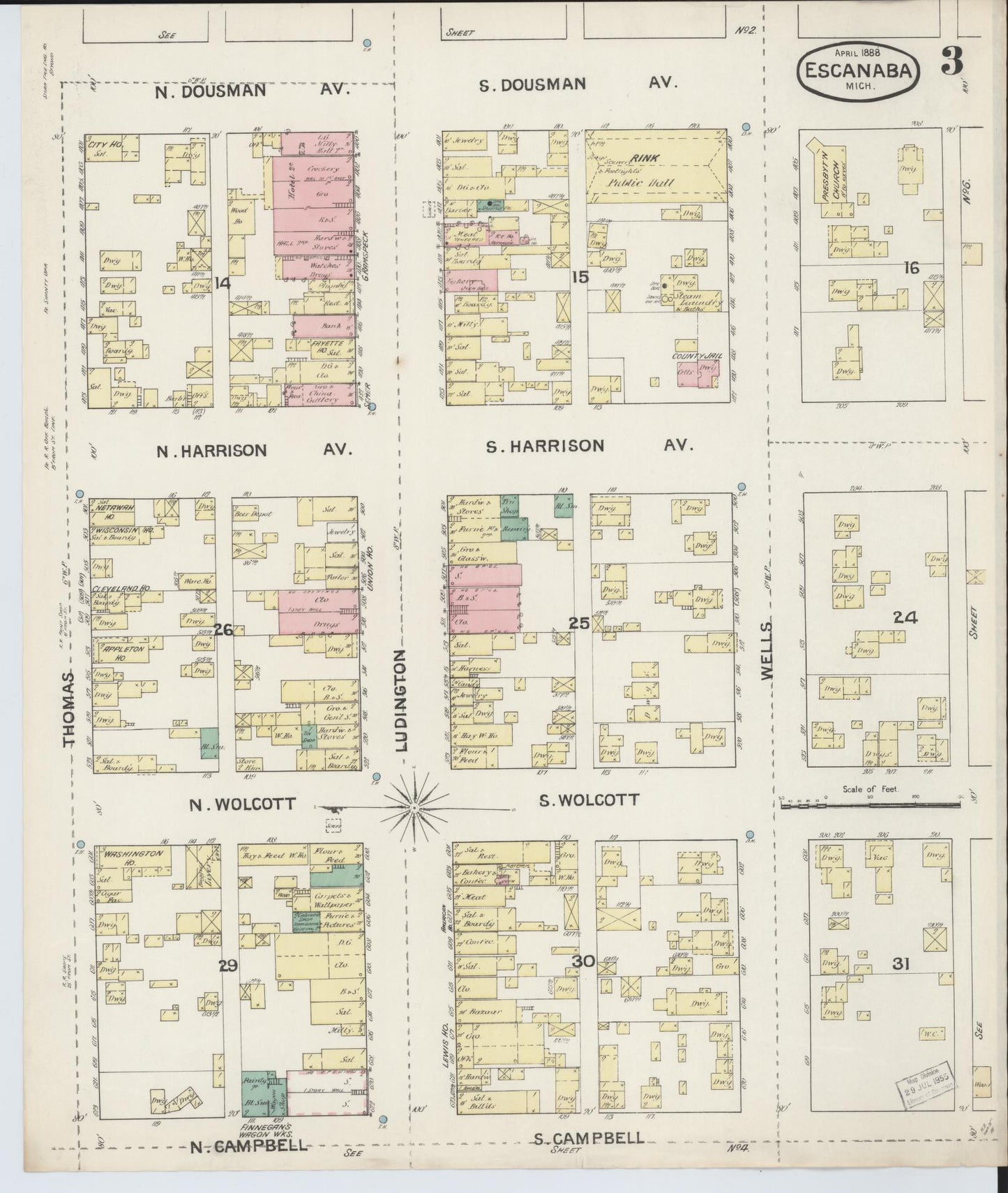 Sanborn Fire Insurance Map from Escanaba, Delta County, Michigan (1888), Sheet #0003 - Historic Sanborn Fire Insurance Map Print, vintage old map wall art, antique decor, genealogy gift, Michigan Michigan map