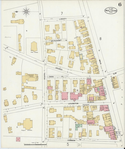 Sanborn Fire Insurance Map from Waltham, Middlesex County, Massachusetts (1897), Sheet #0006 - Historic Sanborn Fire Insurance Map Print, vintage old map wall art, antique decor, genealogy gift, Massachusetts Massachusetts map