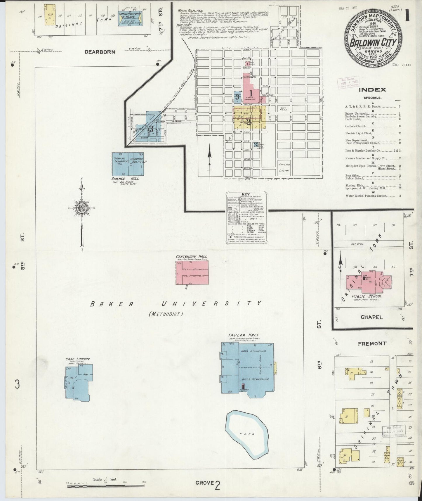Sanborn Fire Insurance Map from Baldwin City, Douglas County, Kansas (1912), Sheet #0001 - Historic Sanborn Fire Insurance Map Print, vintage old map wall art, antique decor, genealogy gift, Kansas Kansas map