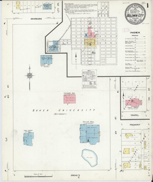 Sanborn Fire Insurance Map from Baldwin City, Douglas County, Kansas (1912), Sheet #0001 - Historic Sanborn Fire Insurance Map Print, vintage old map wall art, antique decor, genealogy gift, Kansas Kansas map