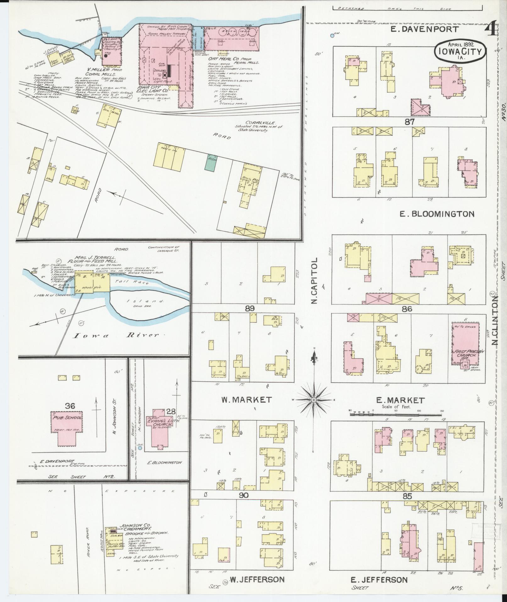 Sanborn Fire Insurance Map from Iowa City, Johnson County, Iowa (1892), Sheet #0004 - Historic Sanborn Fire Insurance Map Print, vintage old map wall art