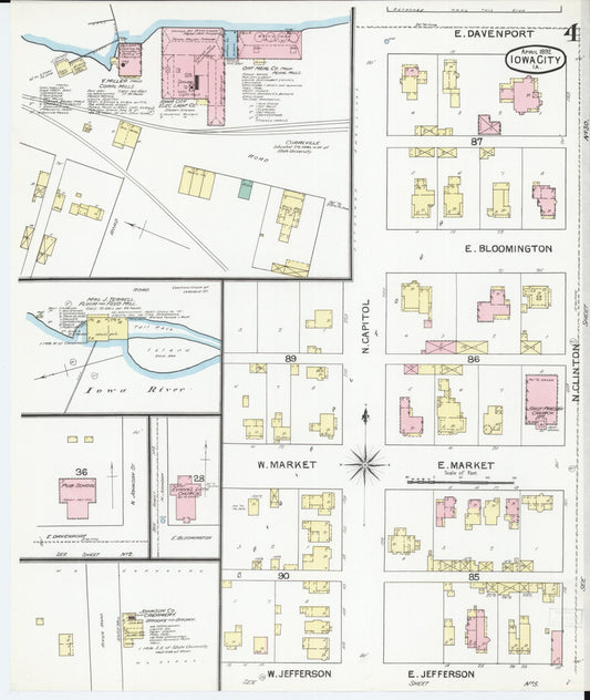Sanborn Fire Insurance Map from Iowa City, Johnson County, Iowa (1892), Sheet #0004 - Historic Sanborn Fire Insurance Map Print, vintage old map wall art