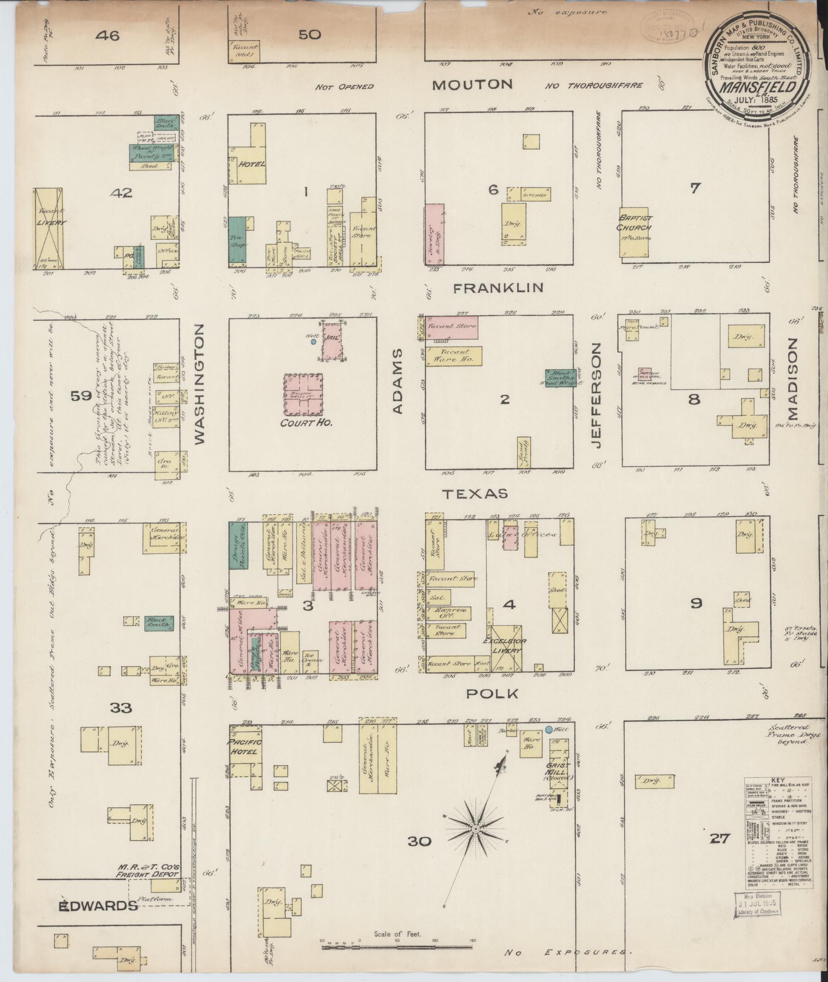 Sanborn Fire Insurance Map from Mansfield, De Soto Parish, Louisiana (1885), Sheet #0001 - Historic Sanborn Fire Insurance Map Print, vintage old map wall art, antique decor, genealogy gift, Louisiana Louisiana map