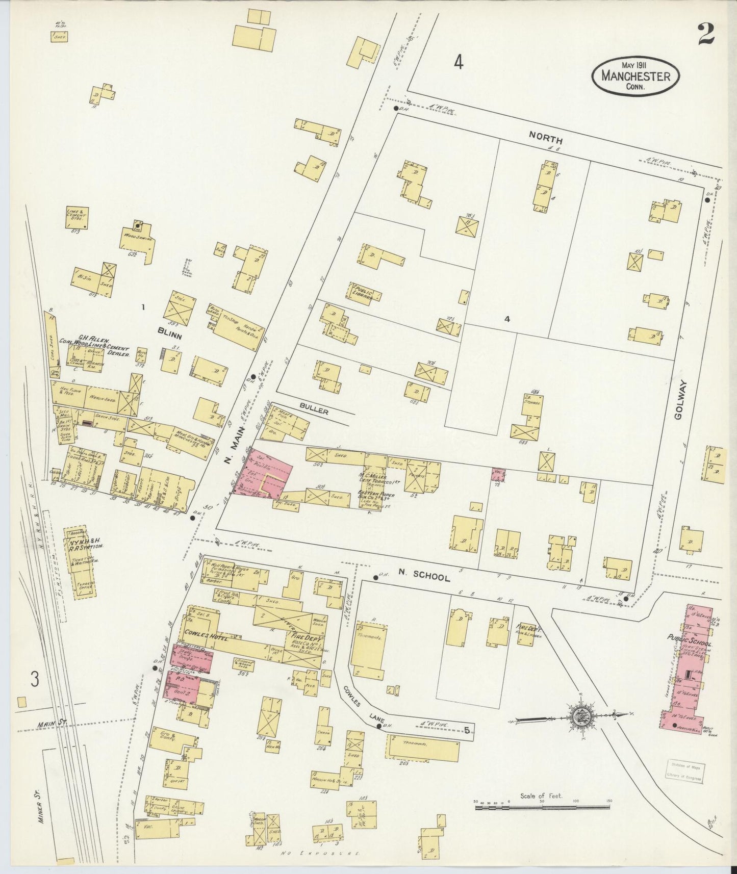 Sanborn Fire Insurance Map from Manchester, Hartford County, Connecticut (1911), Sheet #0002 - Complete Map Set gallery image, historic Sanborn map, vintage wall art, Connecticut Connecticut